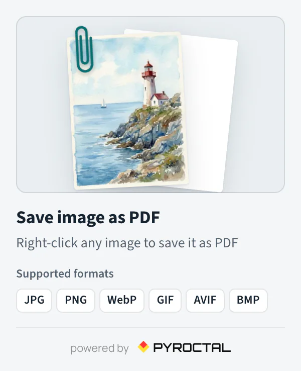 The Save image as PDF popup: a picture clipped to a page, and the supported formats JPG, PNG, WebP, GIF, AVIF and BMP